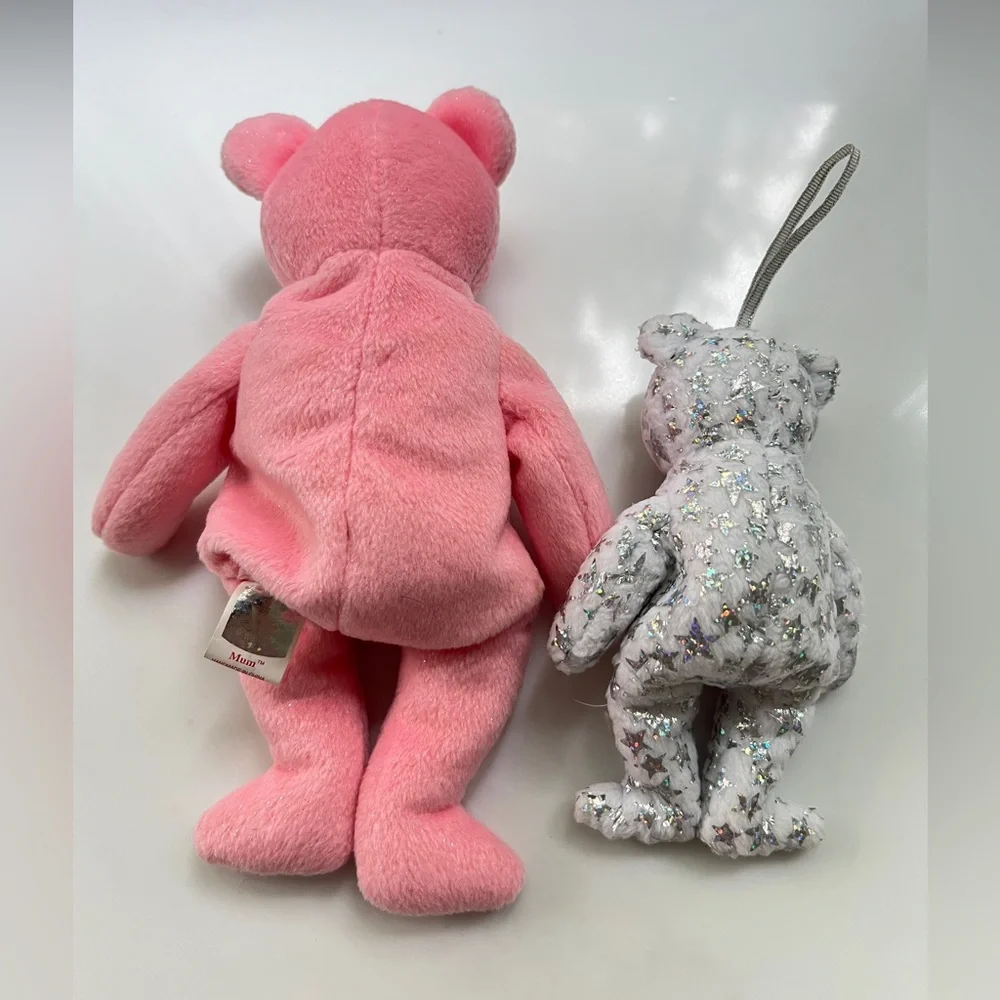 TY Beanie Mum pink bear 2001 and bell silver white Beginning baby 2000 set of 2